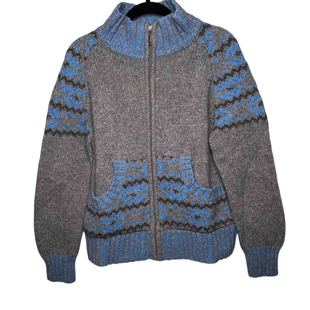 Nua Merino Wool Silk Full Zip Fair‎ Isle Cardigan Sweater Gray Blue Mens Large